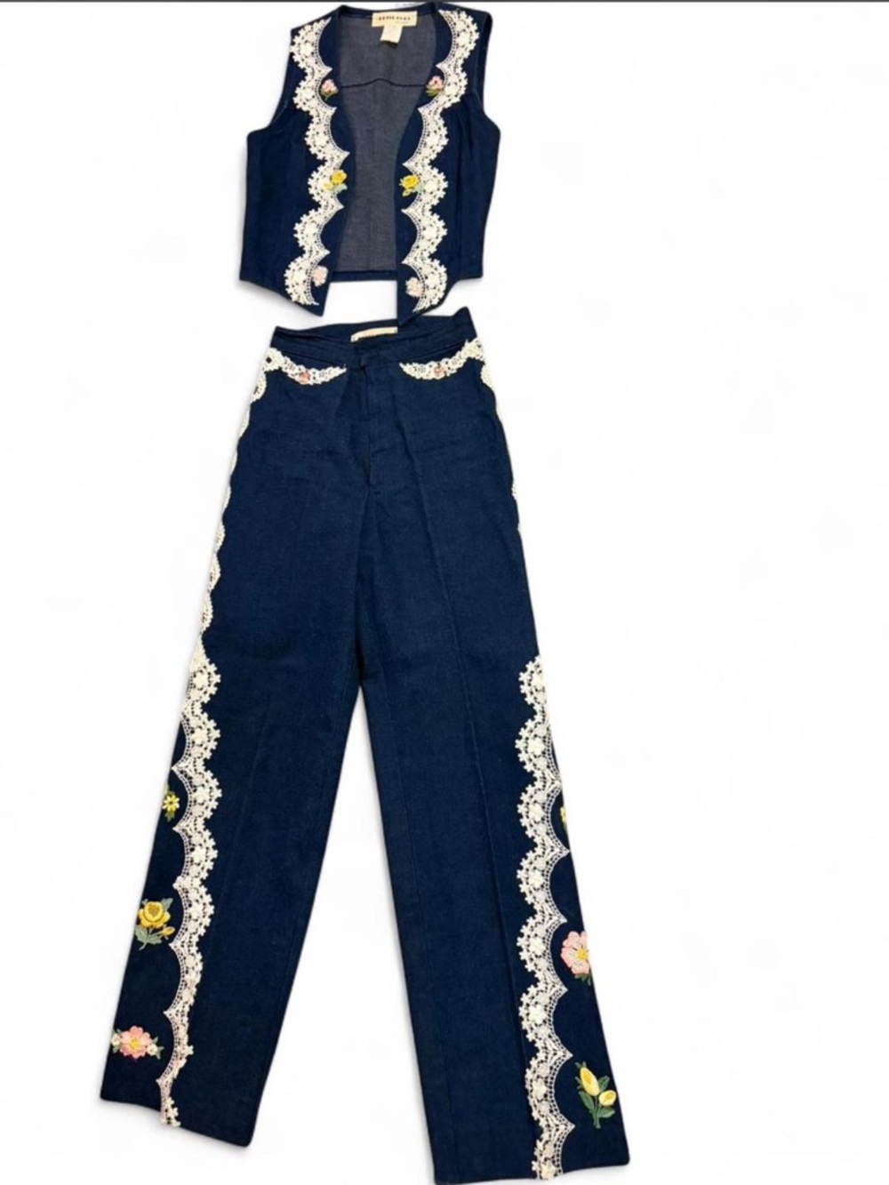 Two-Piece Navy Embroidered Lace Trim Pant Set